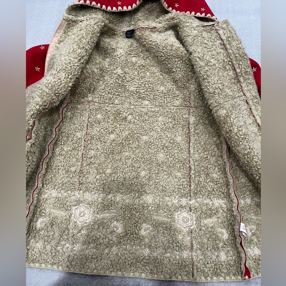 [Toddler 5Y]GAP Kids Hooded Coat Red Faux Suede Nordic Embroidered Shearling - Picture 10 of 11